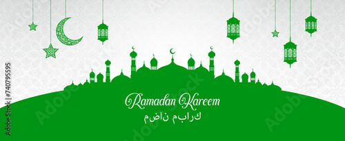 Ramadan kareem holiday banner, muslim mosque silhouette and arabian lantern lamps. Vector greeting card for religious celebratory event with green ancient city contour, hanging lamps, stars, crescent photo