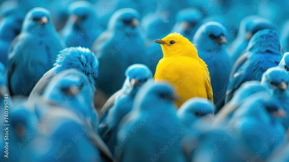 A yellow bird stands out in a crowd of identical blue birds, symbolizing individuality, uniqueness