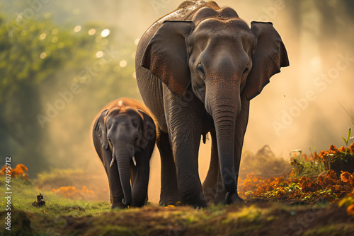 Family of Asian Elephants Walking Together in the Fire © wendi