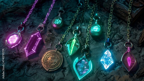 Pastel neon talismans enhance a hackers abilities each charm imbued with spells for speed and stealth