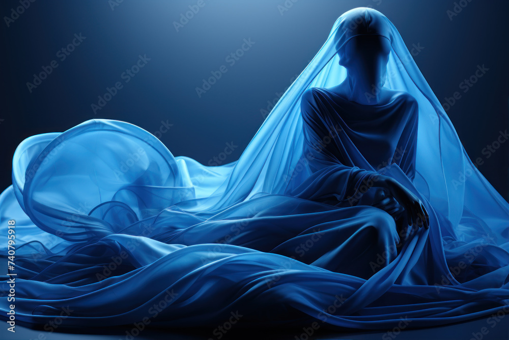Art photo shoot, woman wearing a thin blue cloth