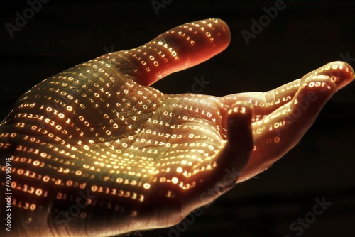 Illustrate the connection between a hand and the binary code emphasizing their interdependence