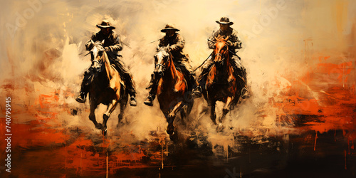 Cowboy riding a horse, Wild West style illustration. Cowboy riding a horse at sunset, western and wild west concept.