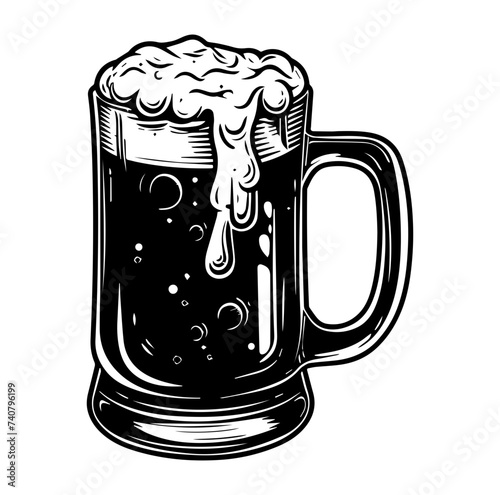 Beer in glass mug with foam. Hand drawn illustration