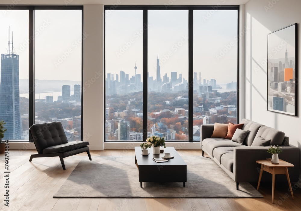 a living room with a couch and a chair in front of a large window overlooking a cityscape