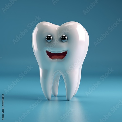 Smiling cartoon tooth character on a blue background