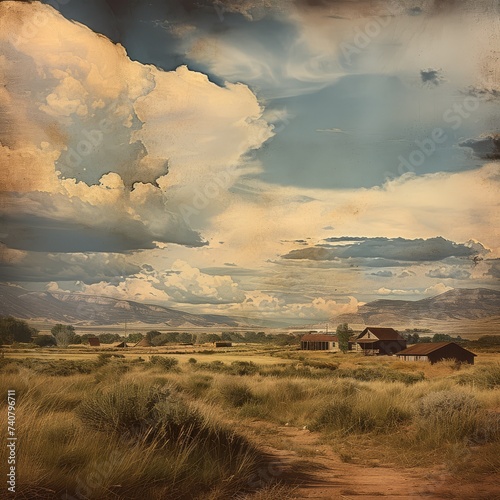 Vintage-toned landscape with a rustic house and expansive cloudscape