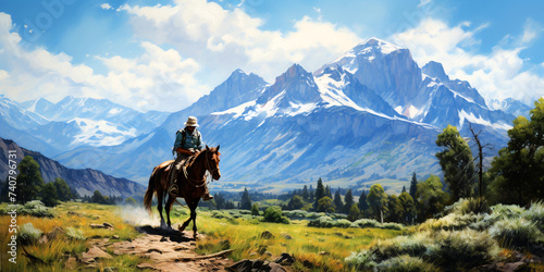 Painting of a horseman sitting on a horse in front of a beautiful sunset background with a valley and nature.