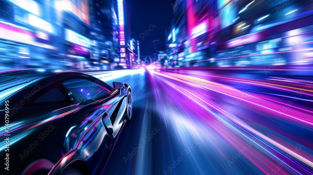 Fototapeta premium A sleek sports car racing through a neon lit city at night speed blurring the lights