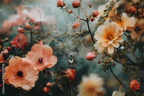 Ethereal Spider Web Among Blooming Flowers: Nature's Delicate Craftsmanship in a Fragile, Dew-Kissed Morning Scene.