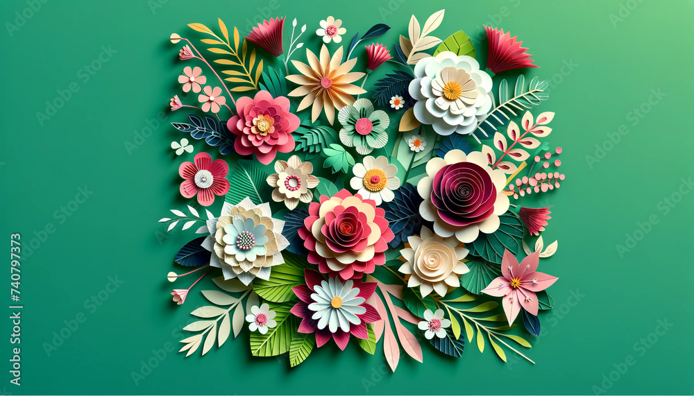 Obraz premium background with flowers, flowers in paper cut style on green background, card for International Mother's Day, International Day March 8