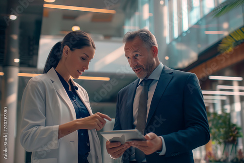 Healthcare Consultation with Sales Representative. Female doctor reviewing data on a tablet with a male pharmaceutical sales rep in a hospital lobby.