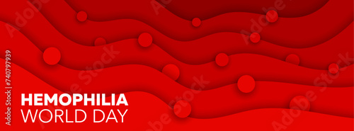Red blood paper cut background, hemophilia day banner. 3d vector erythrocyte cells on liquid papercut waves. Medical health care awareness symbolizing strength and resilience against bleeding disorder
