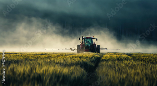 Tractor Spraying Pesticides on Wheat Field with Stormy Sky
 photo