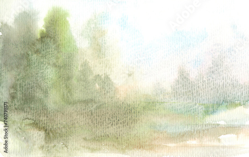 Earthy tones abstract landscape in watercolor, green, blue, brown shades