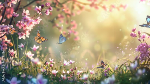Butterflies perch on beautiful blooming flowers, nature conservation concept. AI generated image