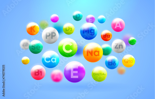 Supplement vitamins and minerals, health nutrition and healthcare vector background. Healthy food and meals balance with vitamin C, E and B, omega 3 acids and micronutrients Calcium and Potassium