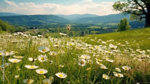 Beautiful spring and summer natural panoramic pastoral landscape with blooming field of daisies