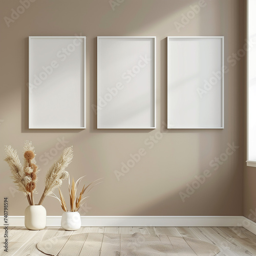 mockups, whiteboard, advertisement, minimalist room, beige, generative AI, green plant