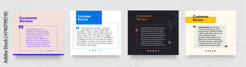 Customer feedback testimony review templates and speech box layouts, vector quote frames. Client testimony or review message with citation in quotation signs and rating stars for social media template photo