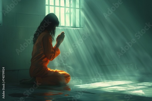 Female prisoner in an orange jumpsuit with dark long hair sits in meditation, in the rays of the sun penetrating through the prison bars. photo