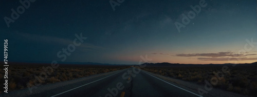 Secluded highway with a deserted asphalt road, embraced by the vast night sky. © xKas