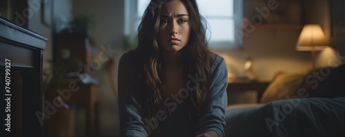 A teenage girl in distress sits at home feeling overwhelmed and sad. Concept Sadness, Teenager, Distress, Loneliness, Home photo