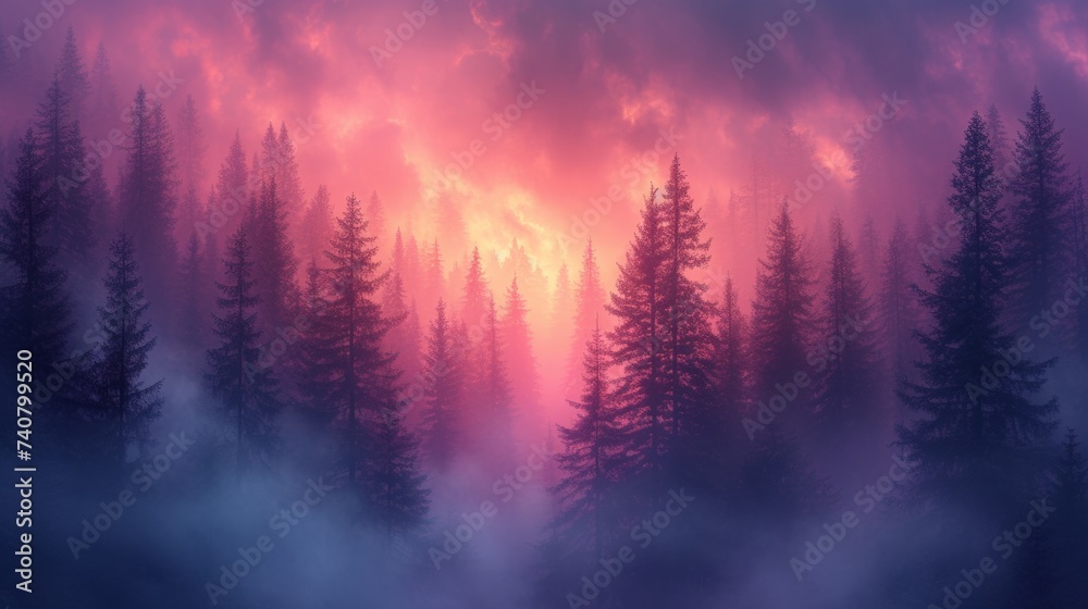 A Forest Filled With Trees Under a Cloudy Sky - obrazy, fototapety, plakaty 