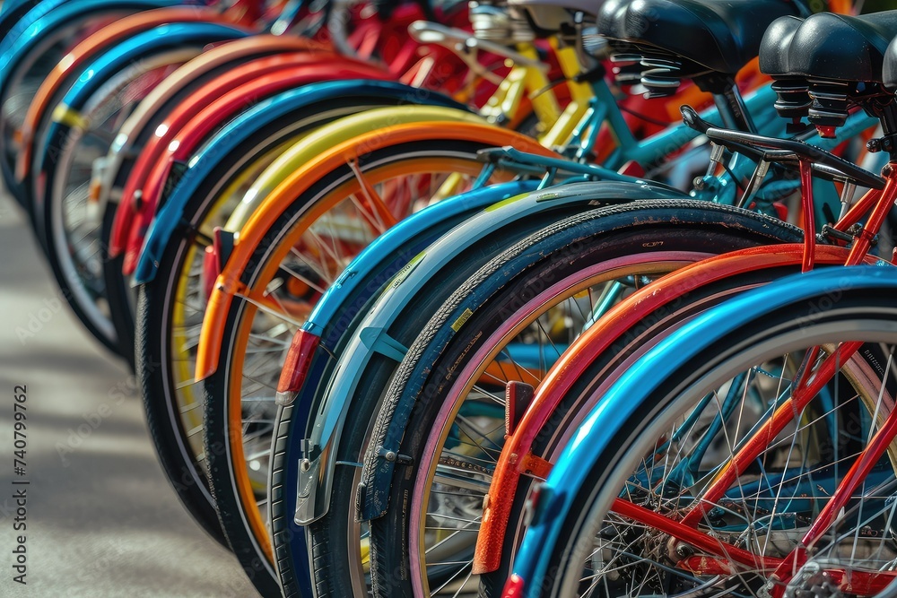 A row of parked bicycles in different colors.