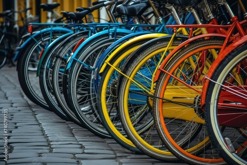 A row of parked bicycles in different colors.