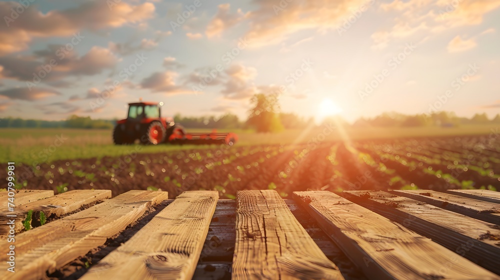 Empty wooden table top with farm landscape whit tractor during the spring, sunset light background. agriculture concept. for display or montage your products. 
