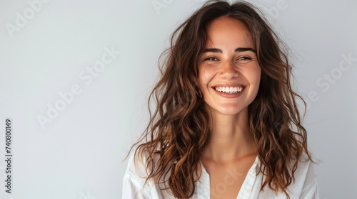 Sweet happy smile of beautiful young woman with empty space blue background. AI generated image