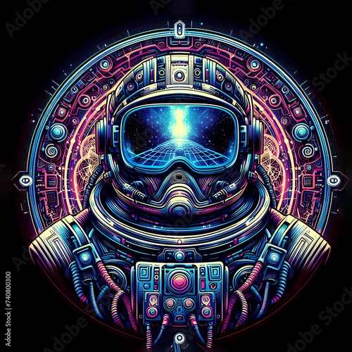 Virtual reality concept astronaut in virtual reality glasses looks like robot with electronic implants. Digital world futuristic suit with sci-fi tech art ilustration photo