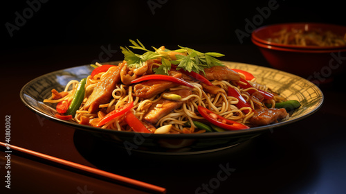 Chicken Chow Mein noodles with cabbage  carrots  spring onions  garlic and soy sauce stir fry dish served on a table with chopsticks and sesame seeds