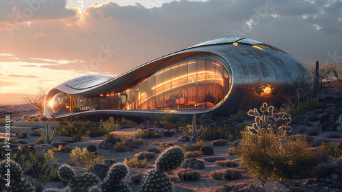 A hyperrealistic image of a metal house with a dome roof and a solar panel. The house is futuristic and eco-friendly, and has a sleek and shiny surface. The house is located in a desert, with sand dun photo
