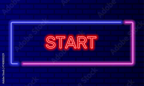 Neon sign start in speech bubble frame on brick wall background vector. Light banner on the wall background. Game start begining button, design template, night neon signboard photo