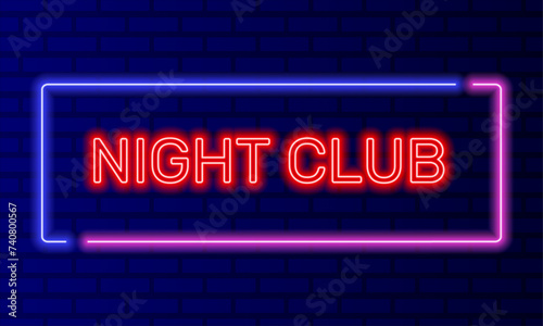 Neon sign night club in speech bubble frame on brick wall background vector. Light banner on the wall background. Night club button for disco or night party, design template, night neon signboard