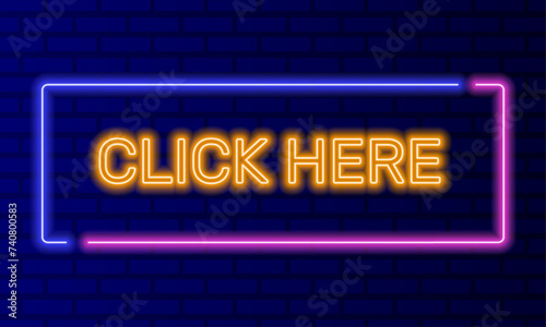 Neon sign click here in speech bubble frame on brick wall background vector. Light banner on the wall background. Click here button navigation or call to action, design template, night neon signboard
