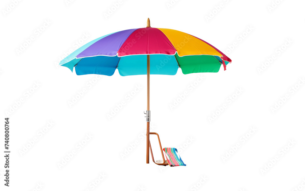 Vibrant Umbrella and Flip-Flops on Sandy Shore on white background