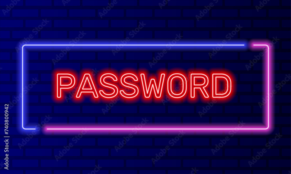 Neon sign password in speech bubble frame on brick wall background vector. Light banner on the wall background. Password button user access, design template, night neon signboard