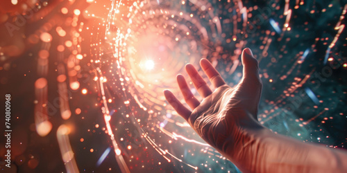 Hand reaching inside spinning vortex of light particles, big data and artificial intelligence concept, or concept of Explore the vast world outside