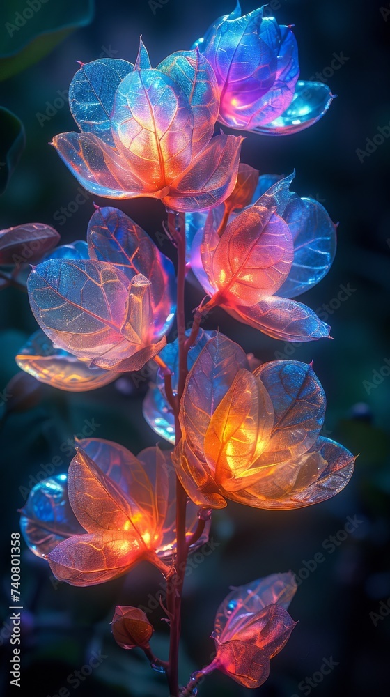 Obraz premium Rainbow colored chlorophyll structure entangled in a vine of real glowing bioluminescent flowers