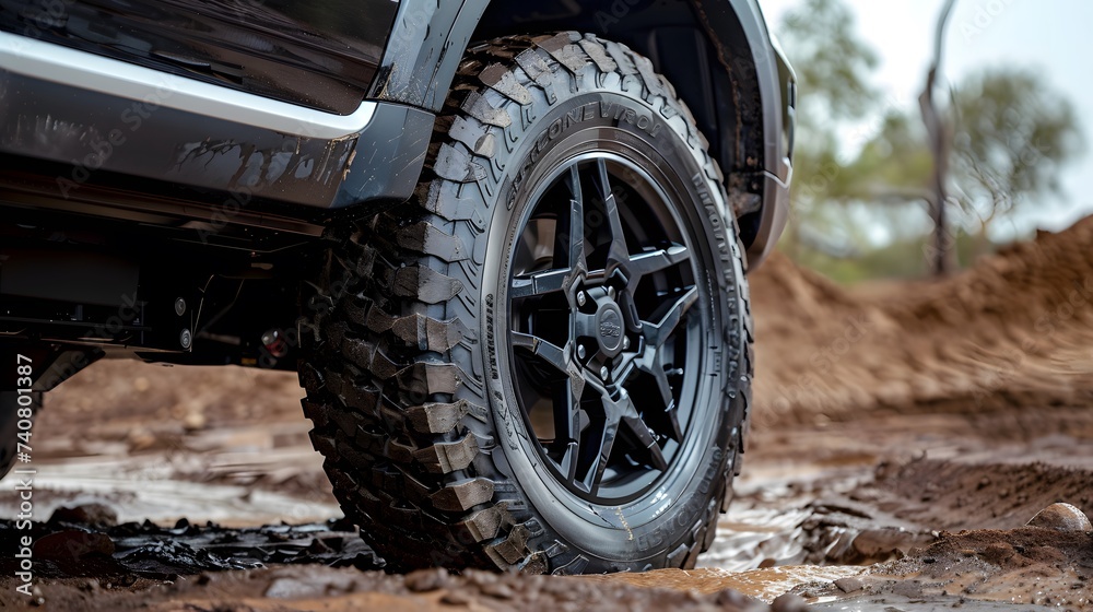 Close-up of SUV wheels for traveling on dirt roads.
