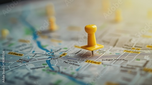 Location marking with a pin on a map with routes. Adventure, discovery, navigation, communication, logistics, geography, transport and travel theme concept background.