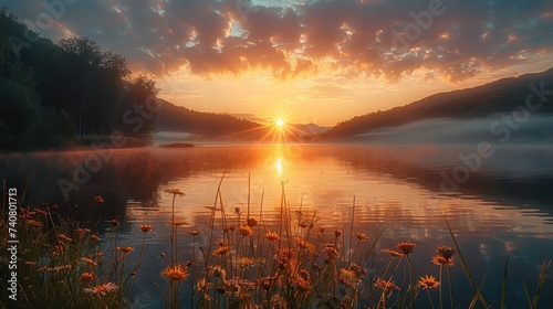 Early dawn over a forest lake. Lake at dawn. Beautiful sunrise over lake.