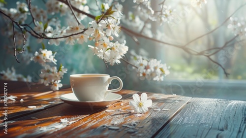 A cup of tea with beautiful floral spring nature background. AI generated image