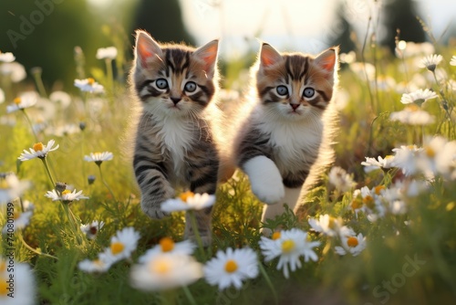 Tabby Kittens Playing in a Daisy Field