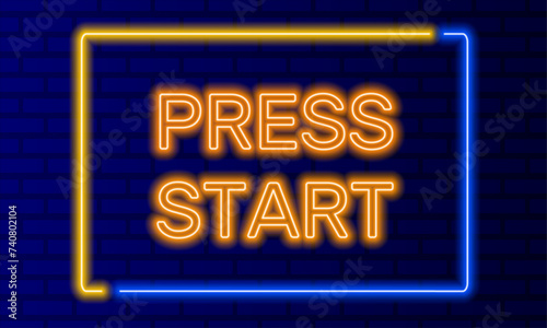 Neon sign press start in speech bubble frame on brick wall background vector. Light banner on the wall background. Press start button keyboard key, design template, night neon signboard