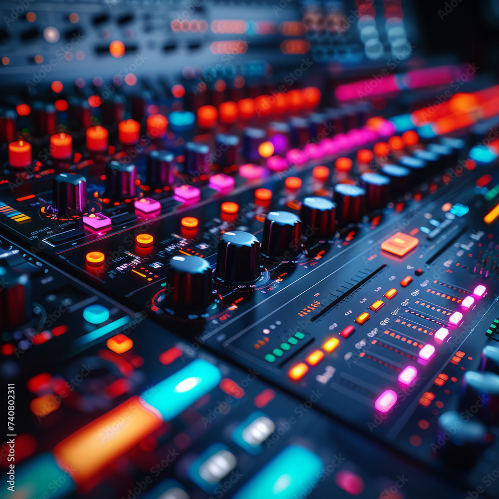A close-up view of sound mixer console in a recording studio
