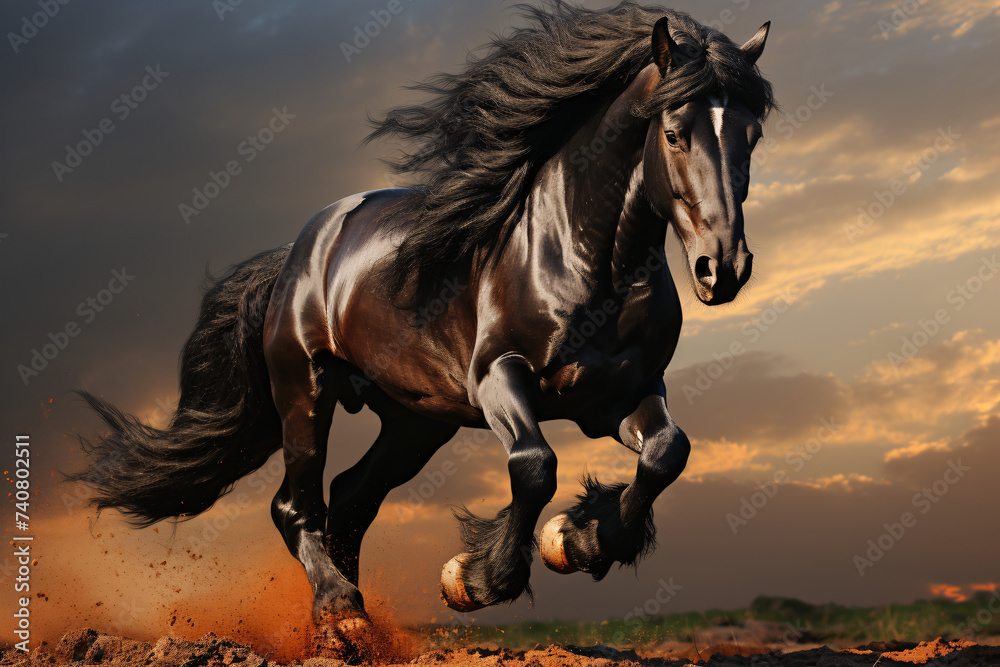 black friesian stallion galloping at sunset